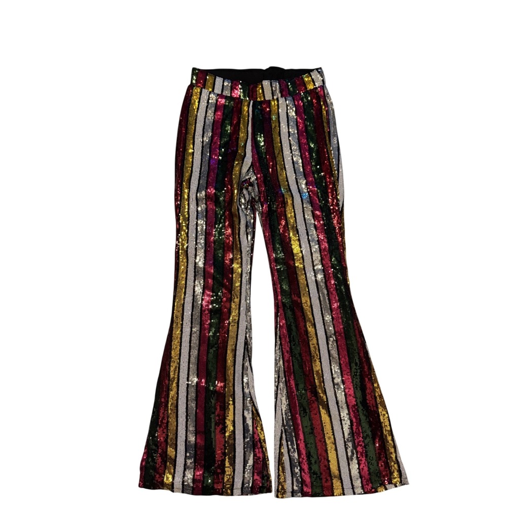 Multi Color Sequin Striped Flare Pants Bell Bottom Festival Party Trouser Medium
